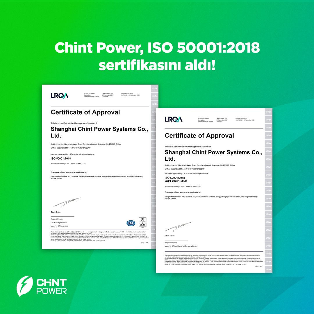 Chint Power Systems Türkiye Enerji'ye ISO 50001:2018 sertifikası